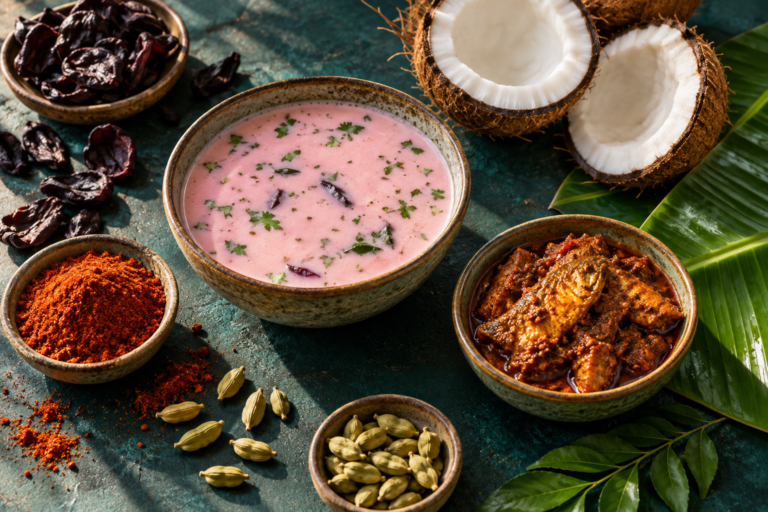 Solkadhi, Malvani spices, kokum and cardamom arranged on a coastal food table